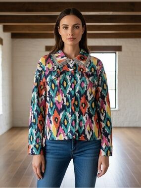 Savanna Jane Multicolor Patterned Jacket with Embellished Fringe Detail